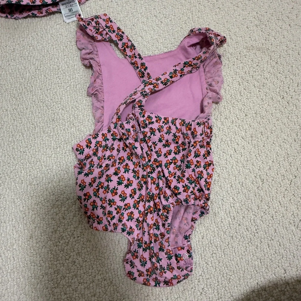 Gap pink Floral Ruffled Cotton Onesie with Matching Hat